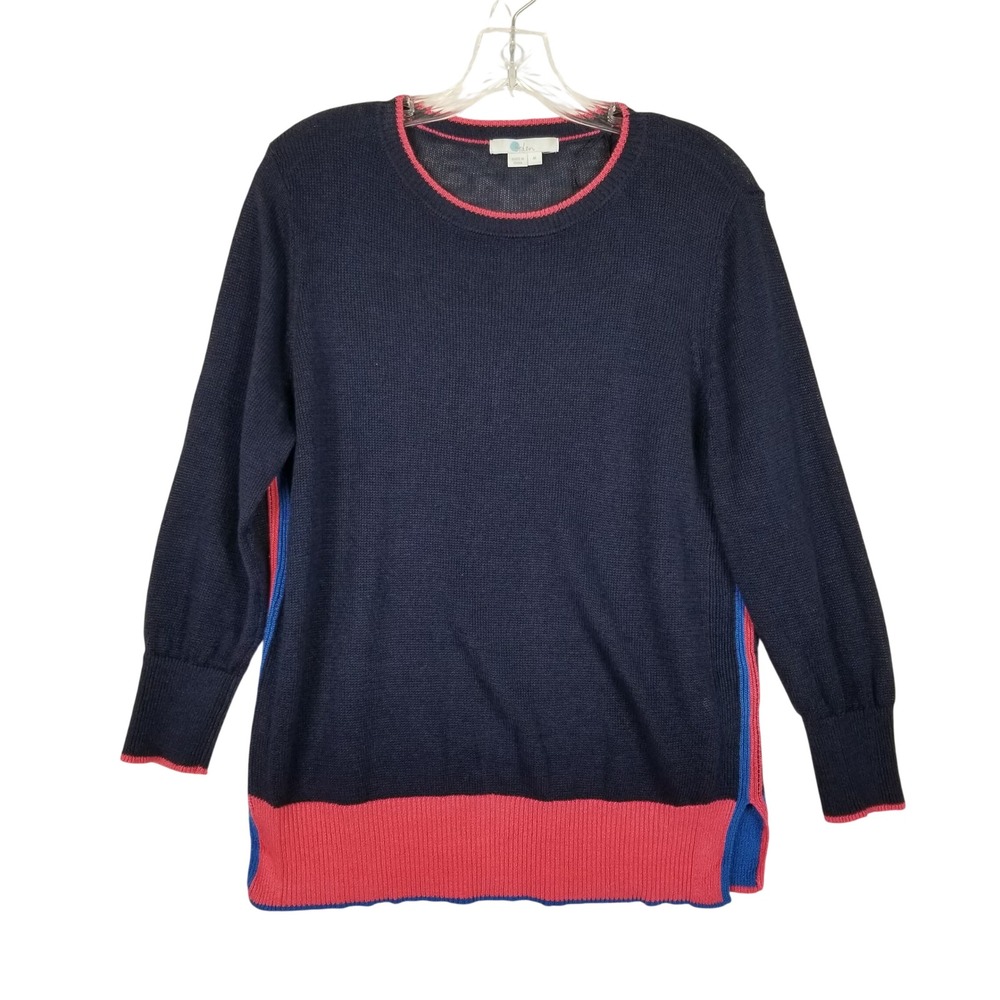 Boden Linen Sweater Womens Medium Navy Blue Coral Colorblock Crew Neck K0038